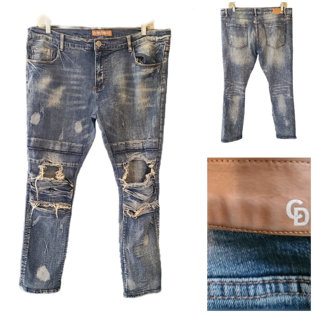 CRYSP DENIM DESTRUCTION DISTRESSED MOTO JEANS